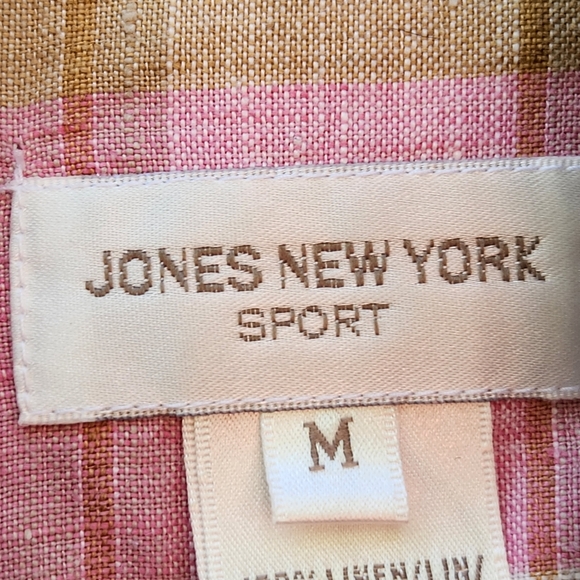 JONES NEW YORK Sport Women's Blouse Medium Plaid Pink 100% Linen Summertime - Picture 3 of 10